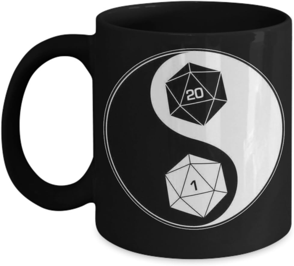Tabletop Gaming Ying Yang D20 Dice Black Ceramic Coffee Mug - Great Gift Idea for Nerds and Geeks