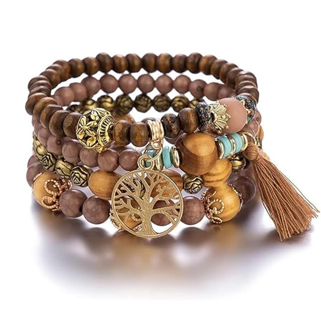Bransoletka boho z drewnianymi koralikami, bransoletka czakra dla kobiet, naturalne kryształowe kamienie lecznicze, bransoletka dla kobiet, drzewo życia, charms