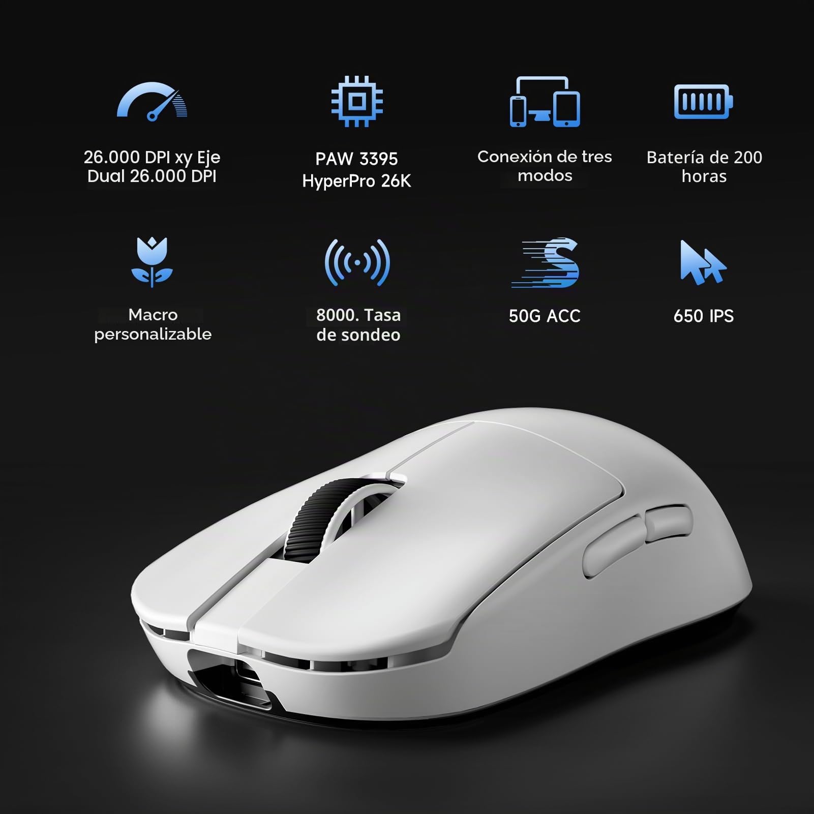 MCHOSE L7 Pro Ratón Gaming Inalámbrico - Ratón Ultraligero de 39g, 8000Hz de Frecuencia de Actualización Inalámbrica, 2,4G/BT/USB-C con Cable, 26000 dpi, 650 IPS, 200 Horas de Batería, Blanco