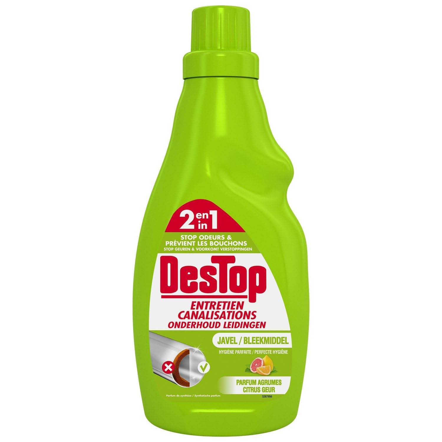 DESTOP – Gel Entretien Canalisation 2en1, Action Javel et Fraîcheur Agrumes, Flacon 750mL - Le Lot De 3
