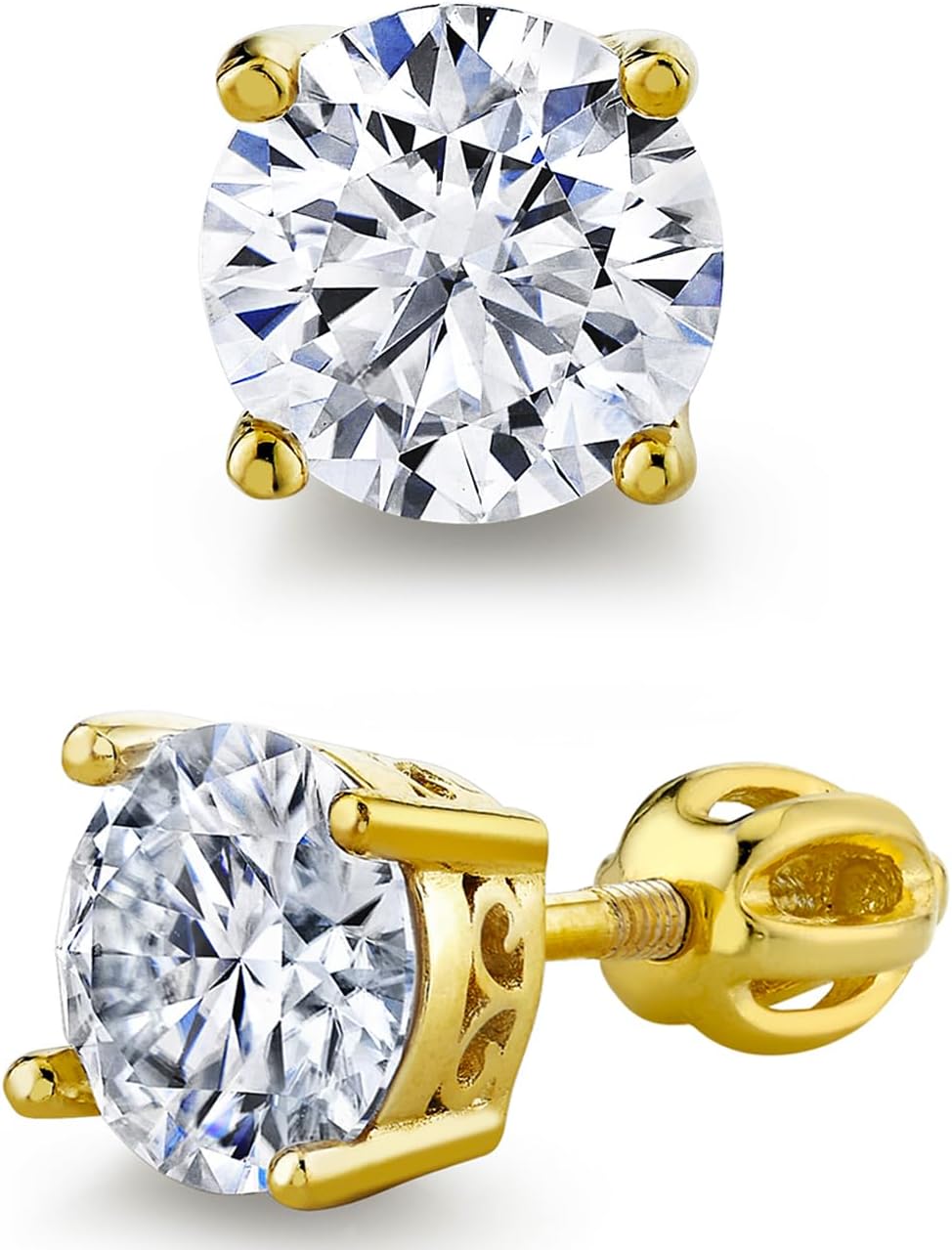 18K Gold Over Sterling Silver Round Brilliant Moissanite Screw Back Stud Earrings