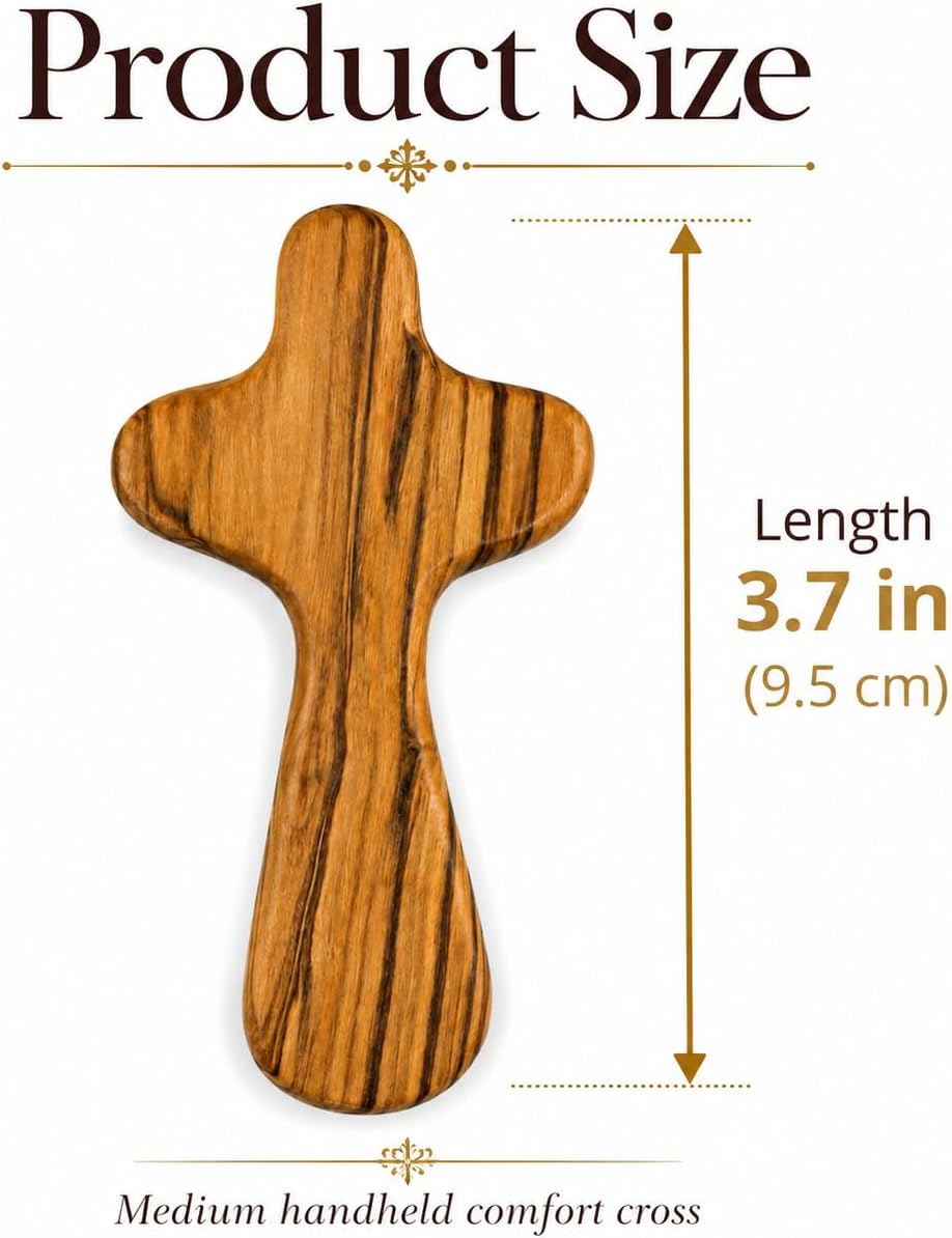 Zuluf Olive Wood Comfort Cross 3.7 Inch (9.5 cm), Hand-Carved Holding Cross from Bethlehem for Prayer, Smooth Palm Hand Cross, Cruz de Madera Wooden Christian Gift for Confirmation with Velvet Bag
