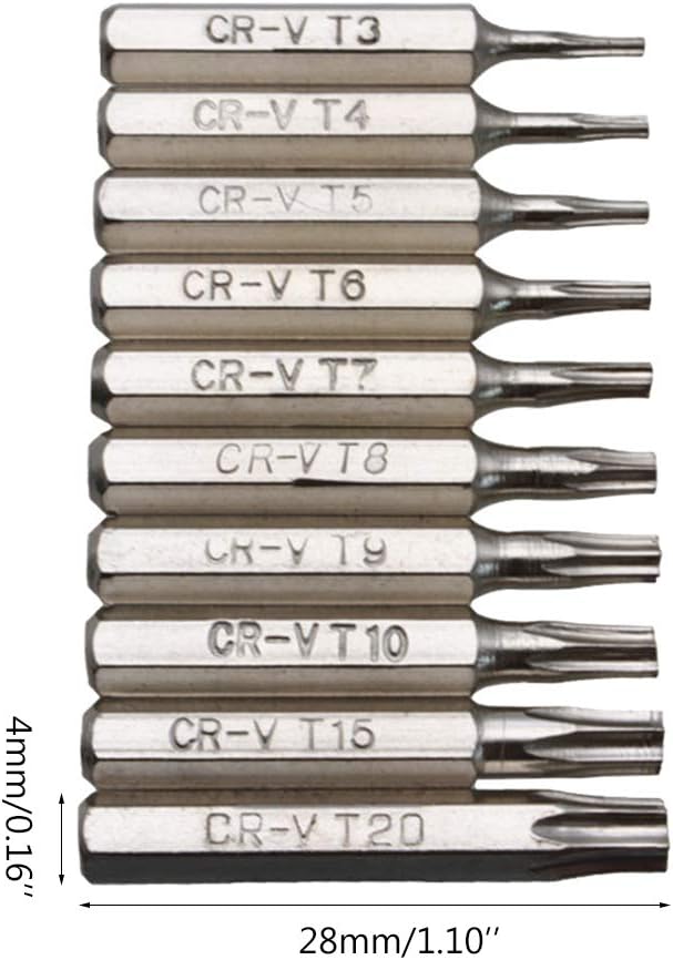 10PCS for CR-V Torx Screwdriver Bits Set T3 T7 T8 T9 T10 T15 T20 Mobile, Silver