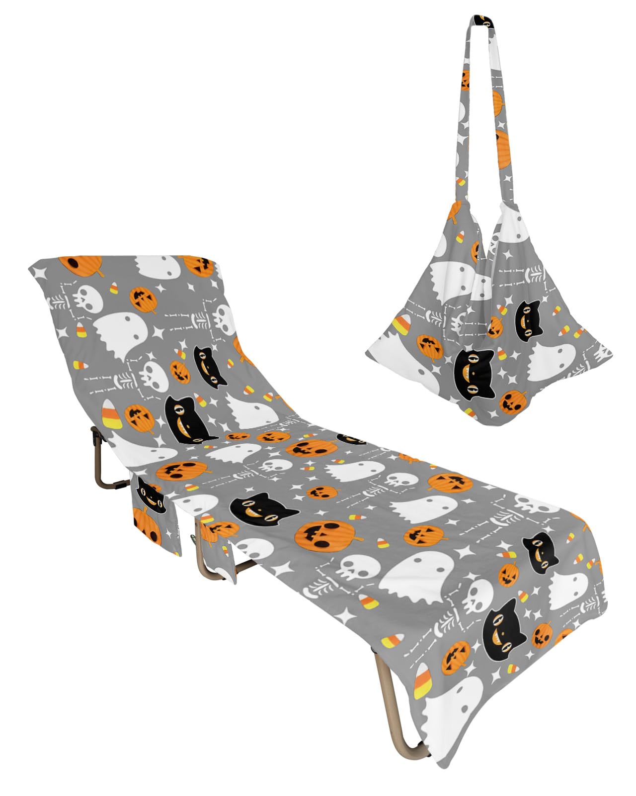 Halloween Grey, Beach Lounge Chair Towel Cover, Soft Chaise Lounge Towel with Side Pockets Patio Pool Chairs Cover for Beach/Pool Sunbathing 29x85 Spooky Pumpkin Ghost Skull Horror