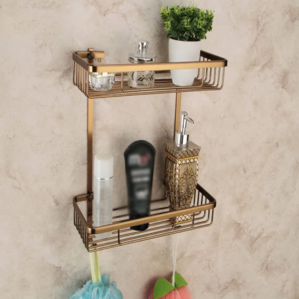 Shower Caddy Antique Bathroom Accessories Shelves 2 Layers Rack Space Aluminum Wall Bronze Square Bathroom Shelf Storage Rack