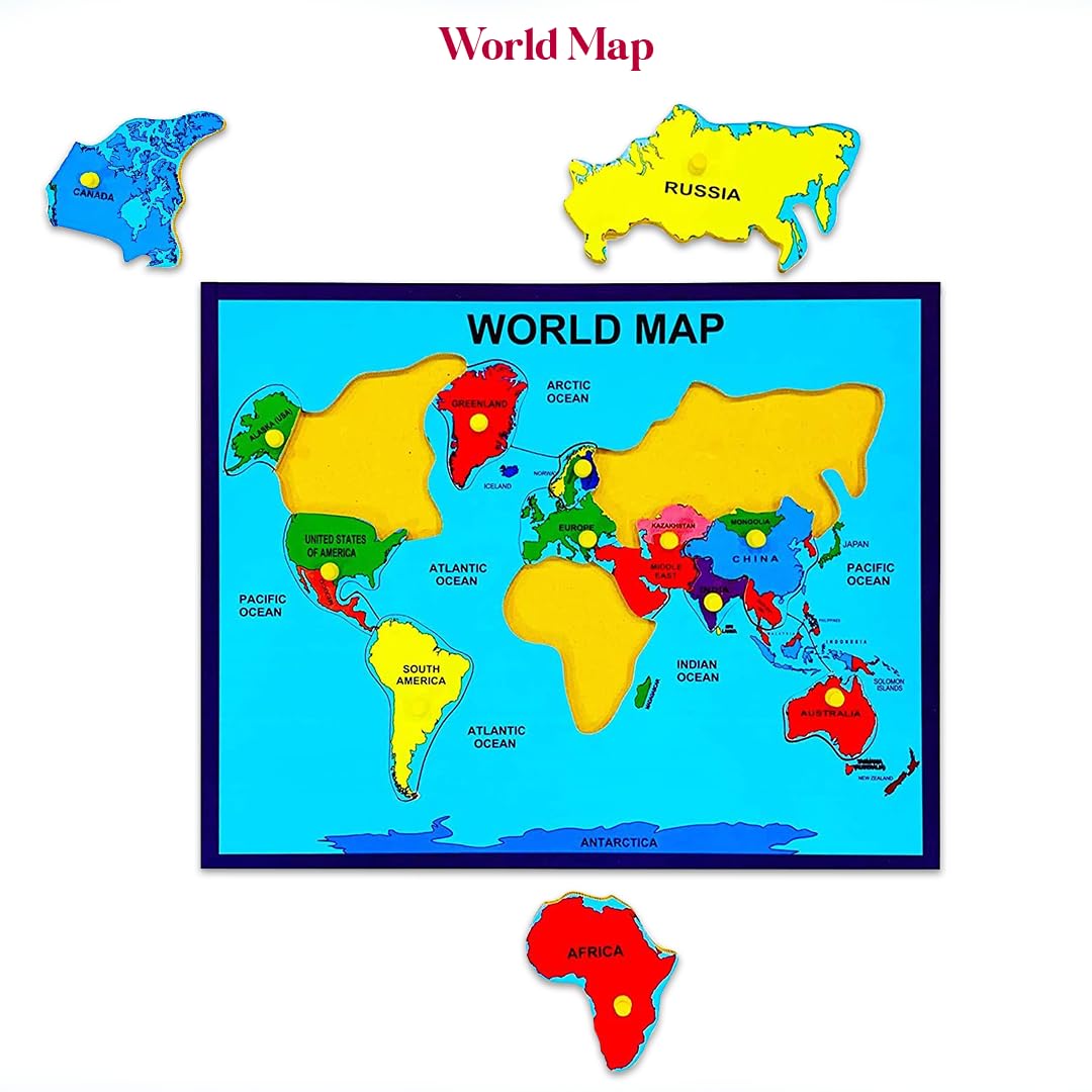 Khilonewale Kid's Wooden World Map Puzzle with Knobs | Educational Learning Toys for Boys and Girls | Size 30x38CM (World Map) 1