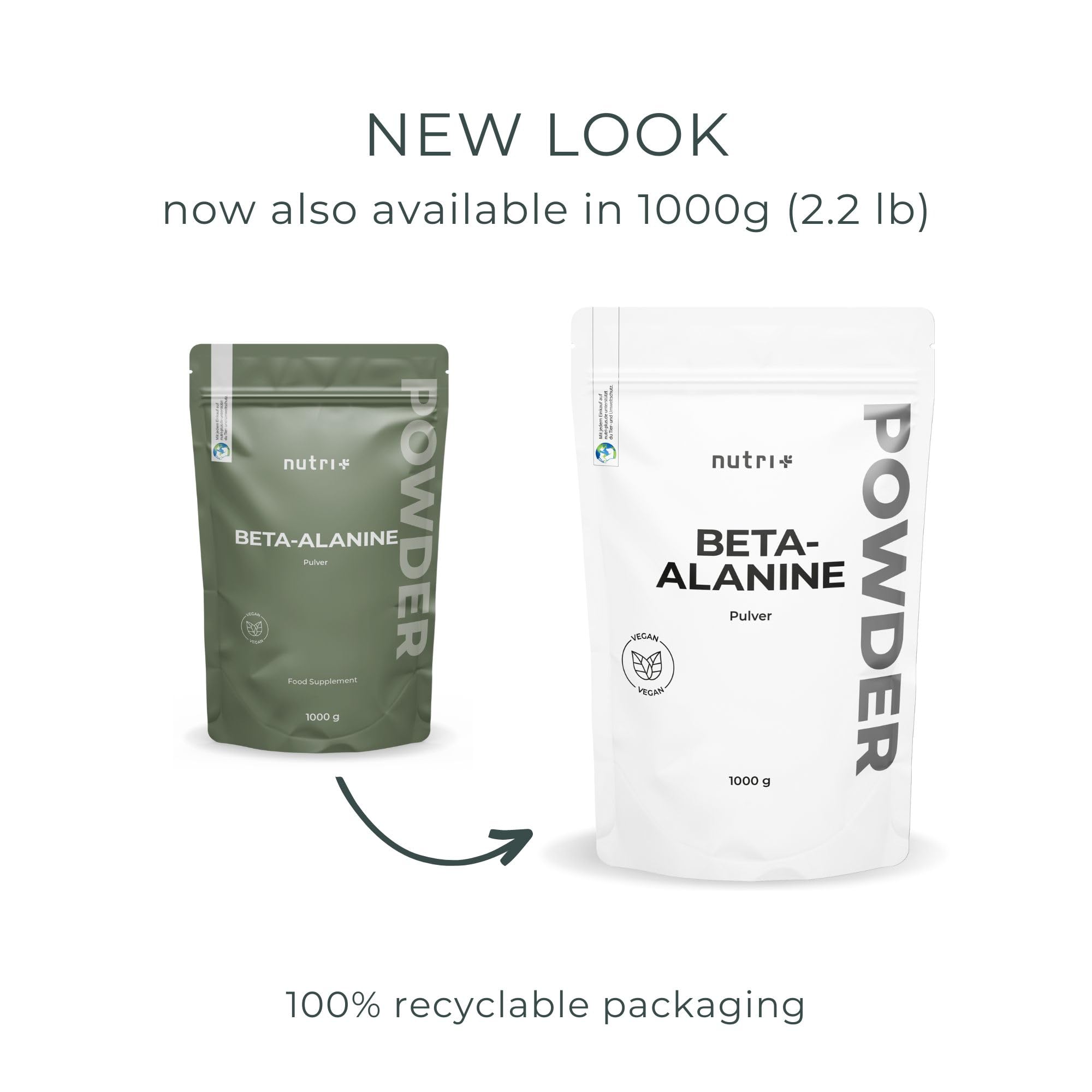 Nutri + Beta Alanina in Polvere 1 kg - vegana pura ad alto Dosaggio e senza Additivi - Booster pre-Allenamento - ß Alanine vegan Powder - Energizzante Sport 1000 g