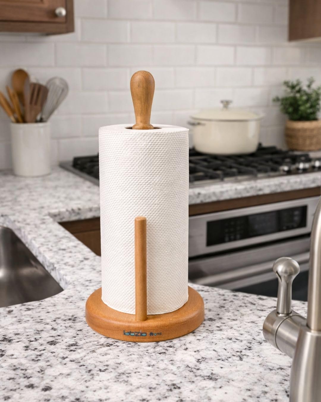LABZIO Home Wooden Paper Towel Holder Stand, Kitchen Countertop Paper Roll Dispenser, Polished Wood Tissue Roll Holder for Home, Dining Table, Cafes & Offices 2