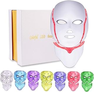 قناع باضاءة LED بـ7 الوان (احمر وازرق) للوجه والرقبة للعلاج بالضوء باشعة فوتون والعناية بالبشرة وتجديدها بالمنزل، لنوع البشرة الكلة، لنوع البشرة مزيجة