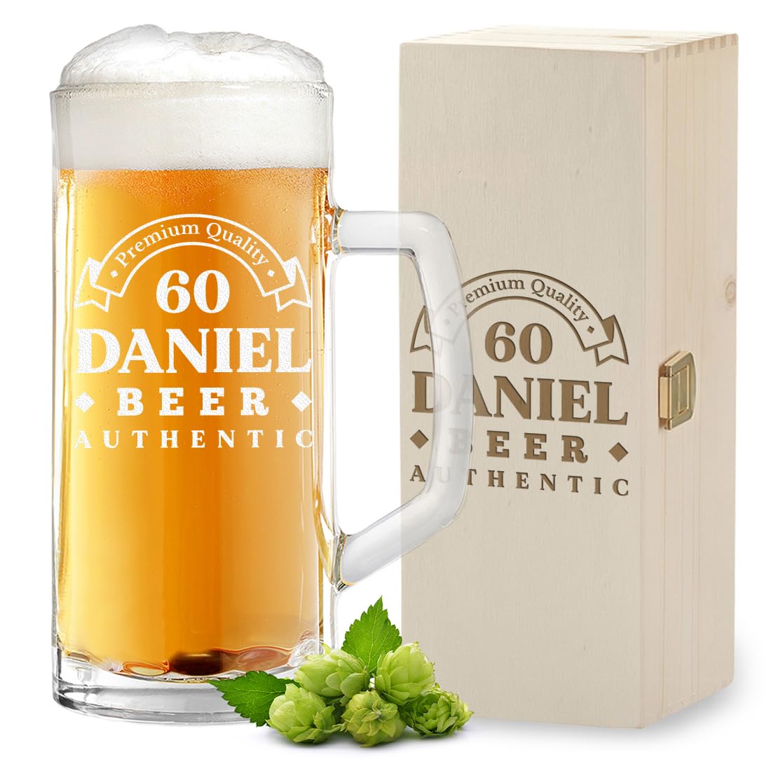 Coffret cadeau 2 pièces : 1 chope à bière de 0,5 l et 1 boîte en bois avec gravure pour homme – Cadeau d'anniversaire – Cadeau de fête des pères – Verre à bière avec trait de remplissage – Pour tous