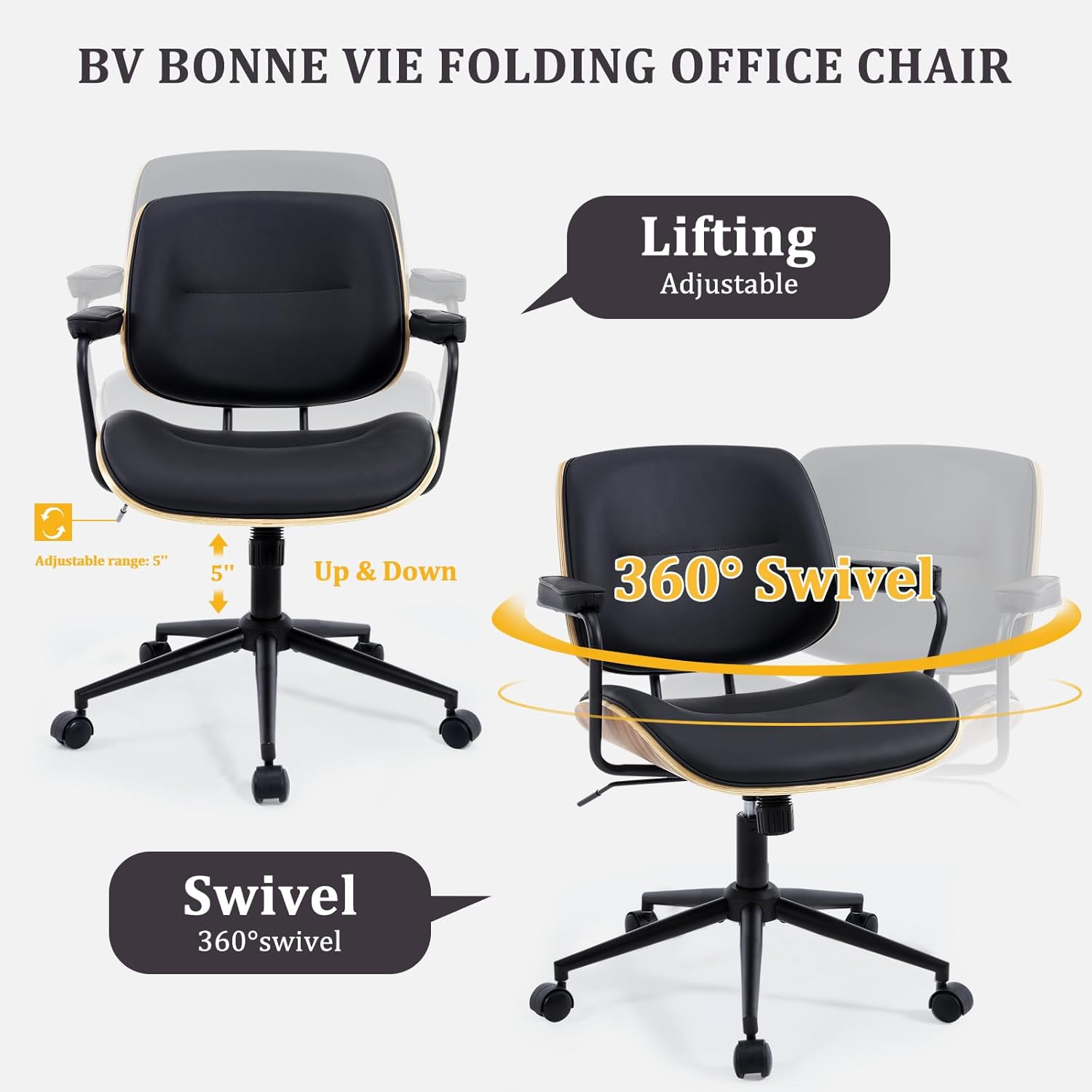 BV Mid Century Modern Office Chair Set of 1, Swivel Rolling Deak Chair with Armrests and Walnut Back, Adjustable Desk Chair for Home Office, Black - Image 5