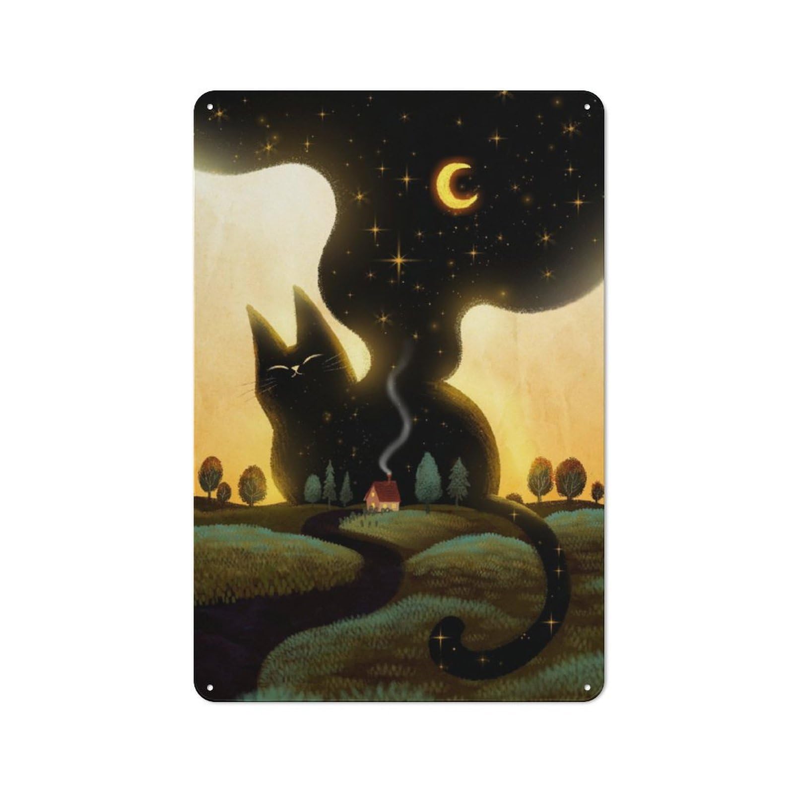 Junmoney Black Cat On Horizon Metal Plaque 30X20cm With For Hallway Wall, Retro Decor, For Wall Display Collectors