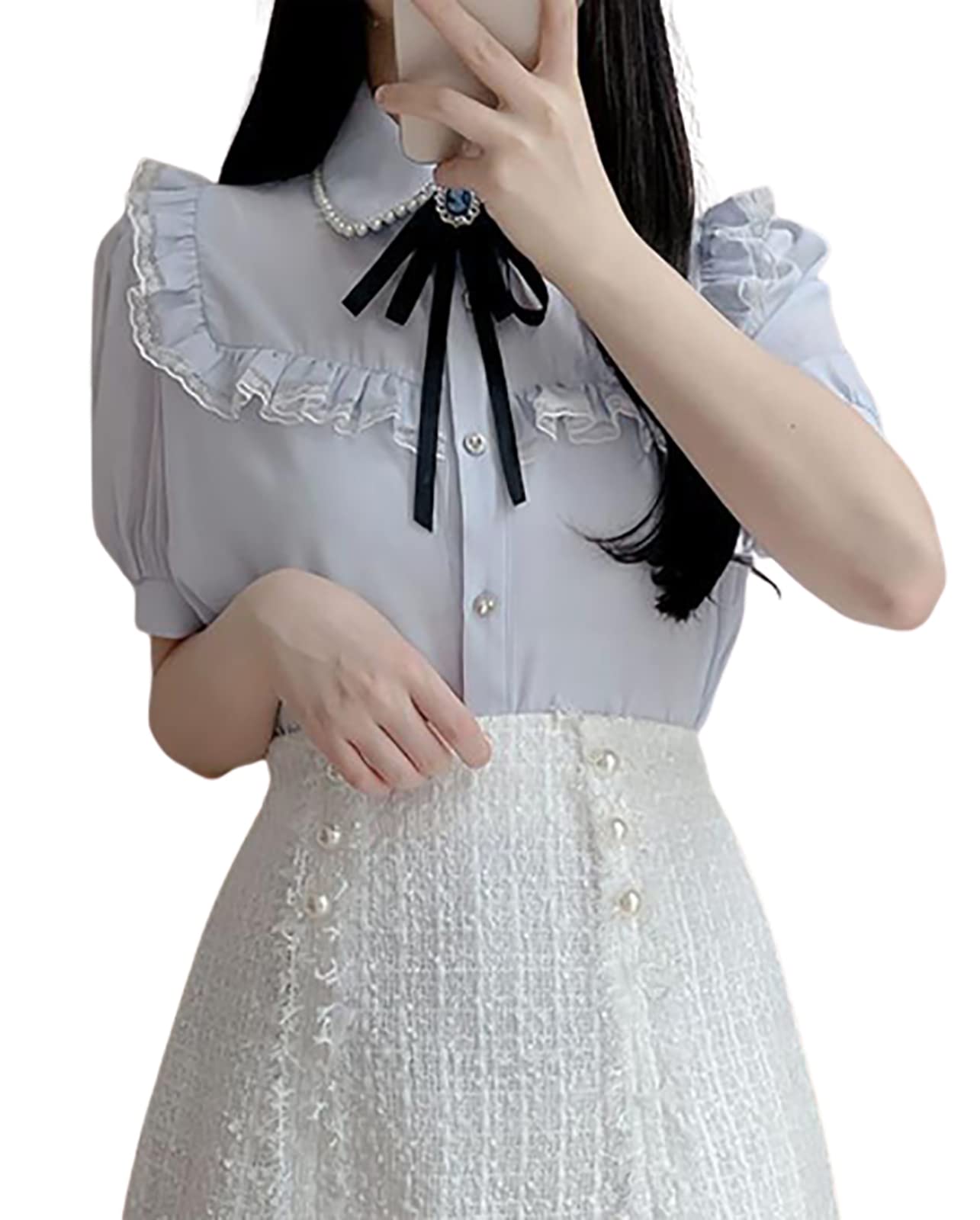 Amazon | [TOWYYO] 量産型 シフォン ブラウス かわいい リボン レース