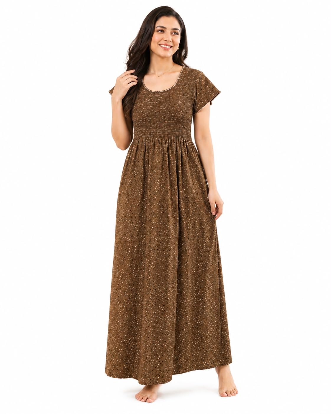 Women’s Printed Maxi Nighty for Women | Short Sleeve Smocked Waist Full Length Night Gown | Soft & Comfortable Alfine Sleepwear | Stylish Lounge Wear Night Dress-image-34