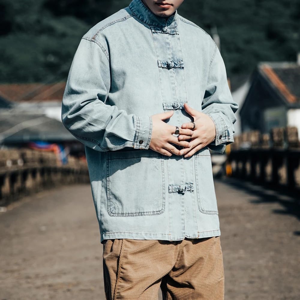 Chinese Style Loose Plus Size Denim Coat Spring Autumn Vintage Casual Stand Up Collar Jackets For Men
