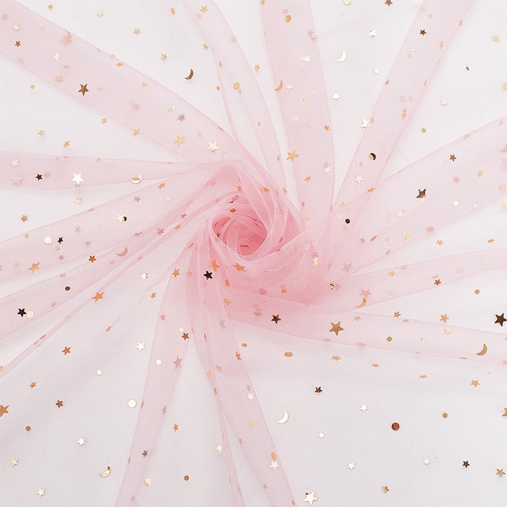AHANDMAKER 59" x 5 Yards Pink Glitter Tulle Fabric Rolls, Pink Star Moon Sequin Tulle Netting Fabric
