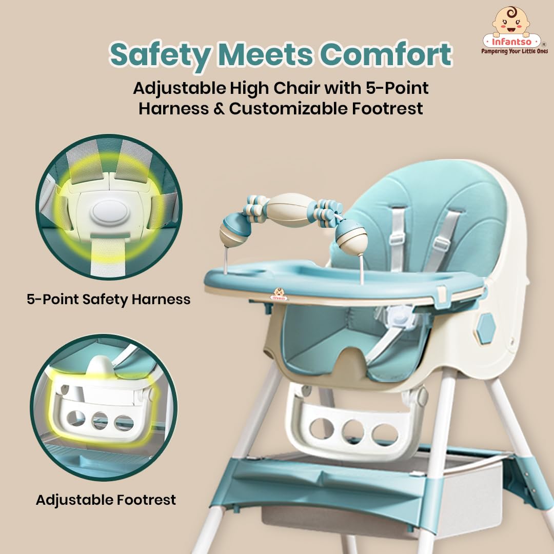 Infantso Feed-X (5-in-1) Baby High Chair/Baby Feeding Chair with Foot Support for 0 to 5 Years Baby, High/Feeding Chair Foldable, Height Adjustable, Safety Harness, Wheels, Cushion, Portable Chair 1