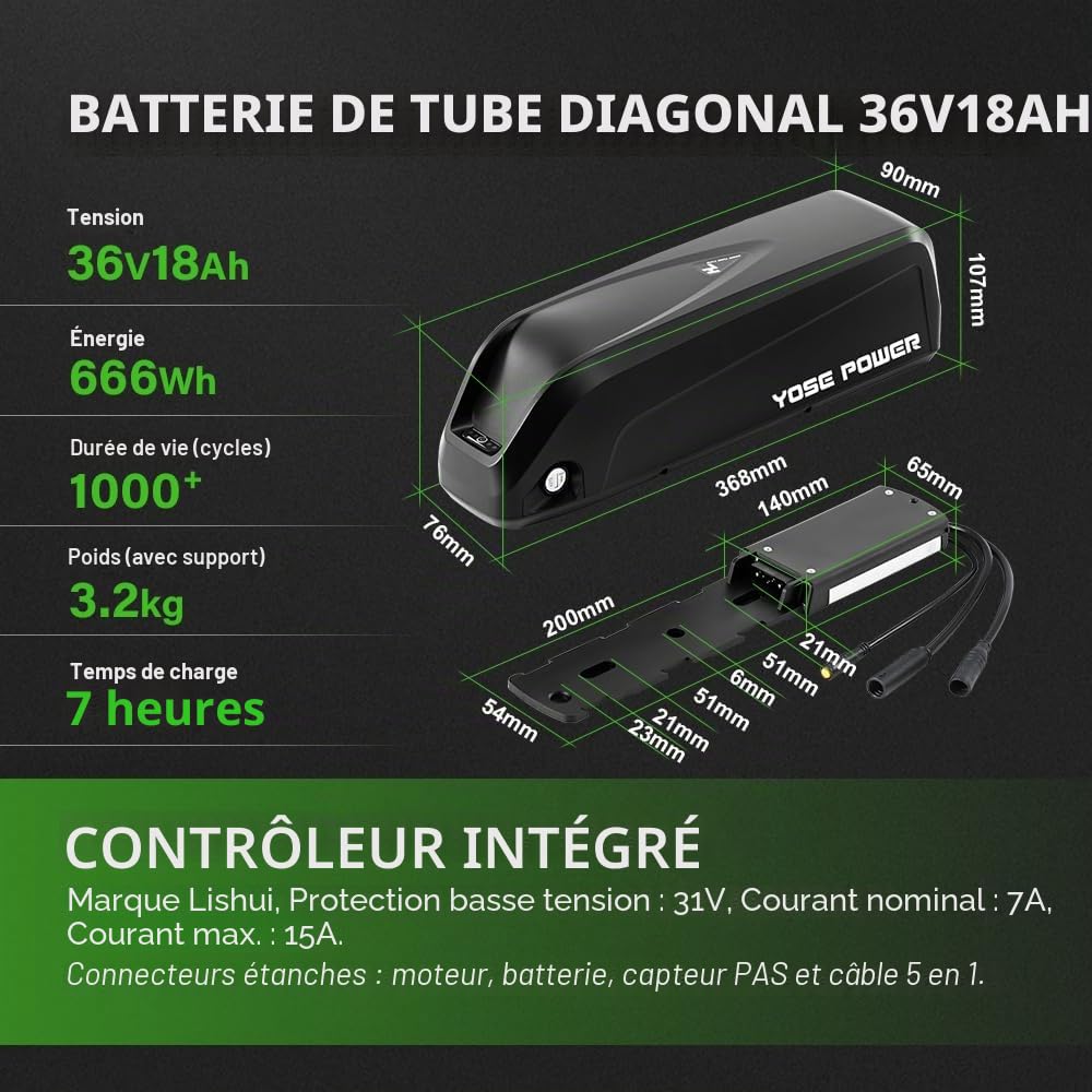 YOSE POWER Kit Ebike 36V250W Kit de Conversion de moyeu pour vélo électrique Avant 26 "avec Batterie Hailong 36V 18Ah Écran LCD Bricolage pour vélo électrique