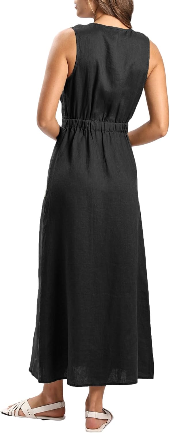 Amazhiyu Women's 100% Linen Summer Sleevelesss V-Neck Wrap Midi Dresses Casual - Image 4