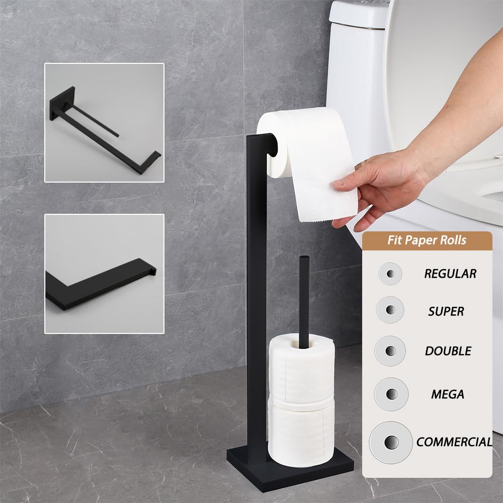 GERZWY SUS 304 Portarotolo per carta igienica in acciaio inox, autoportante, piedistallo con riserva, nero opaco DZY004-BK