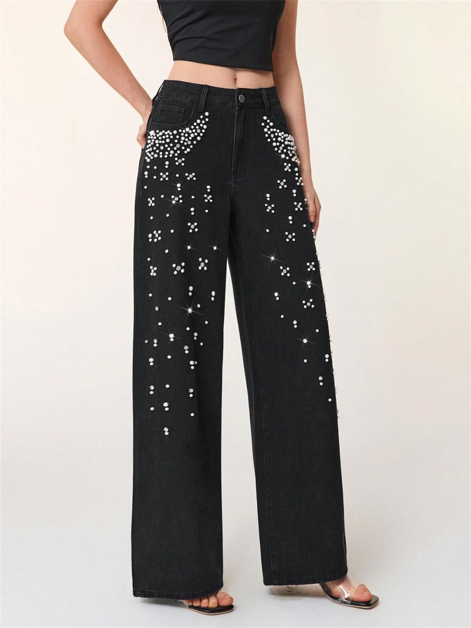 Pantalones Vaqueros De Mujer con Perlas Y Pedrería, Estilo Y2k; Corte Recto Y Ancho De Tiro Alto, Estilo Boyfriend Holgado, Casual Y De Tendencia.