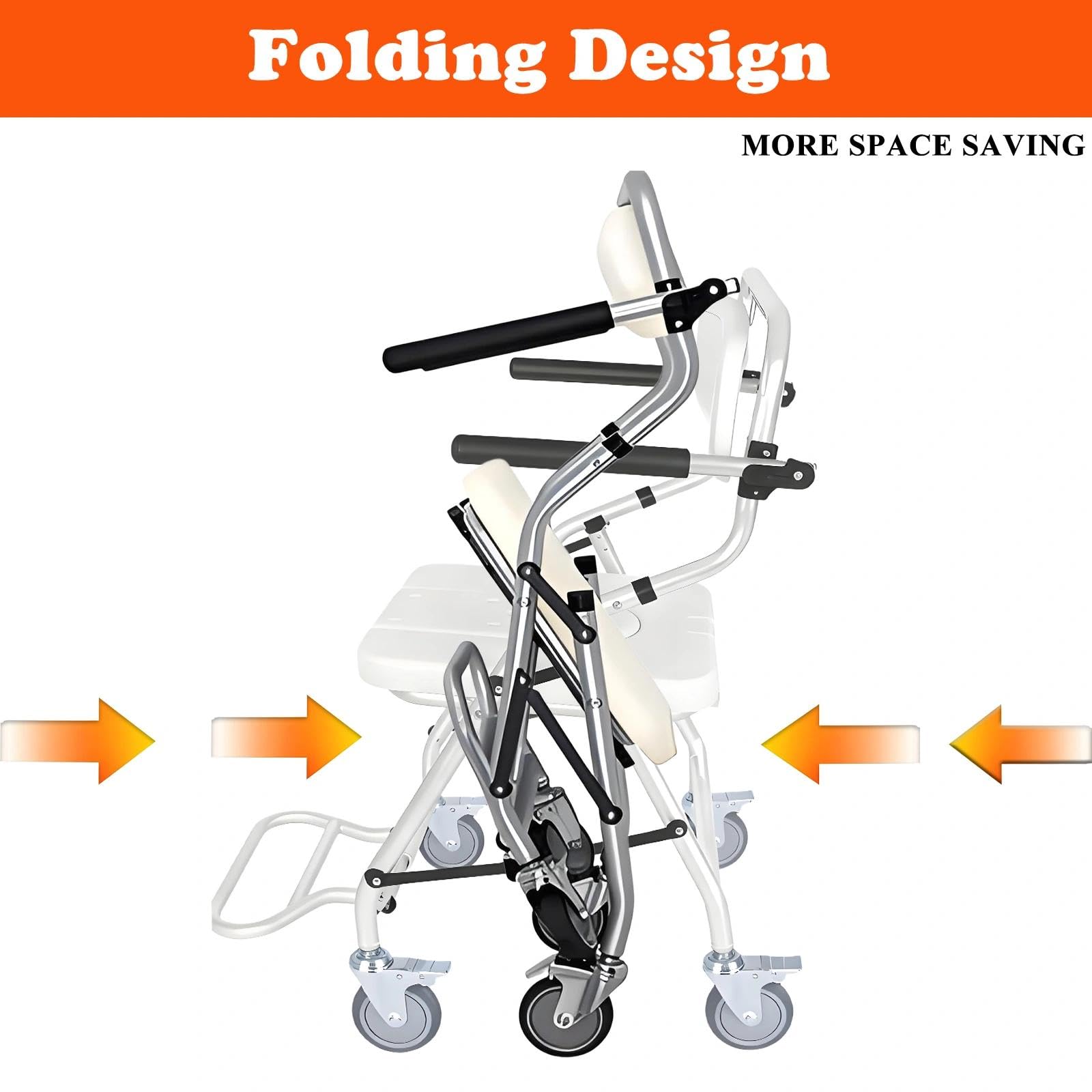 Silla de Ducha para Personas Mayores, 3 en 1 Silla Ducha WC con Ruedas Plegable, Taburetes de Ducha con Brazos Plegables y Reposapiés Plegables para Discapacitados, Carga Máxima 120 kg