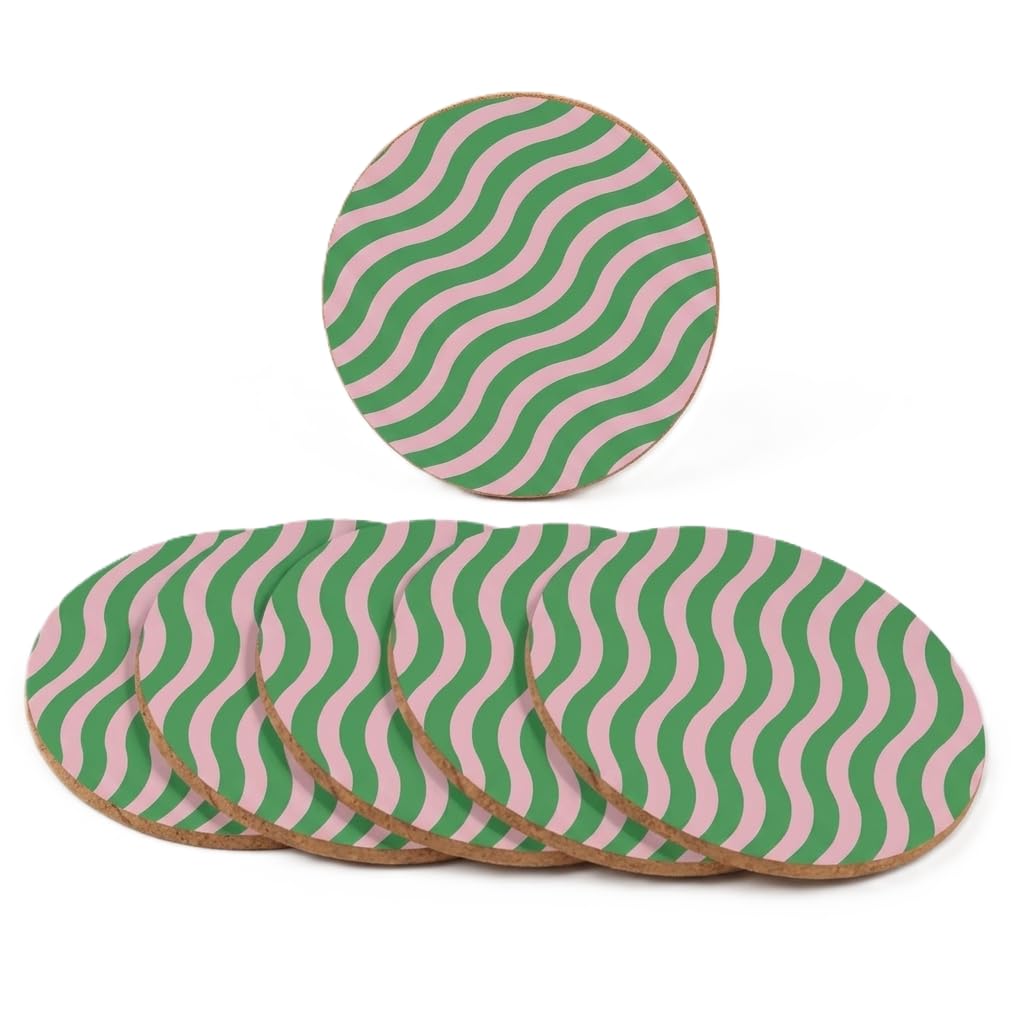 Round Drink Coasters Stripe Pattern Green and Pink, Set of 6