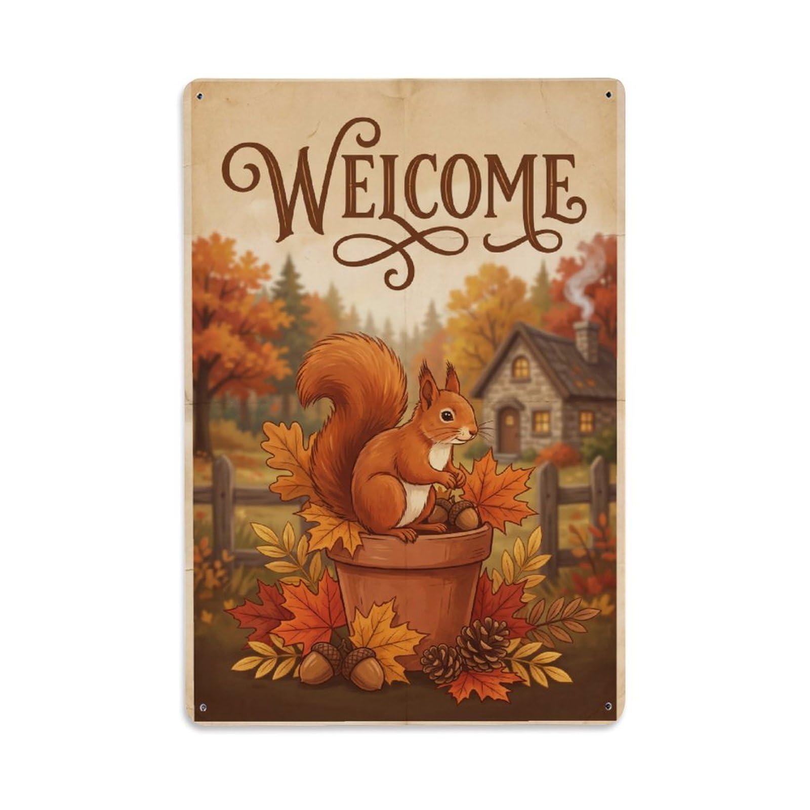 Cxhjca 8X12inch(20X30cm) Vintage Welcome Squirrel Harvest Season Metal Tin Sign