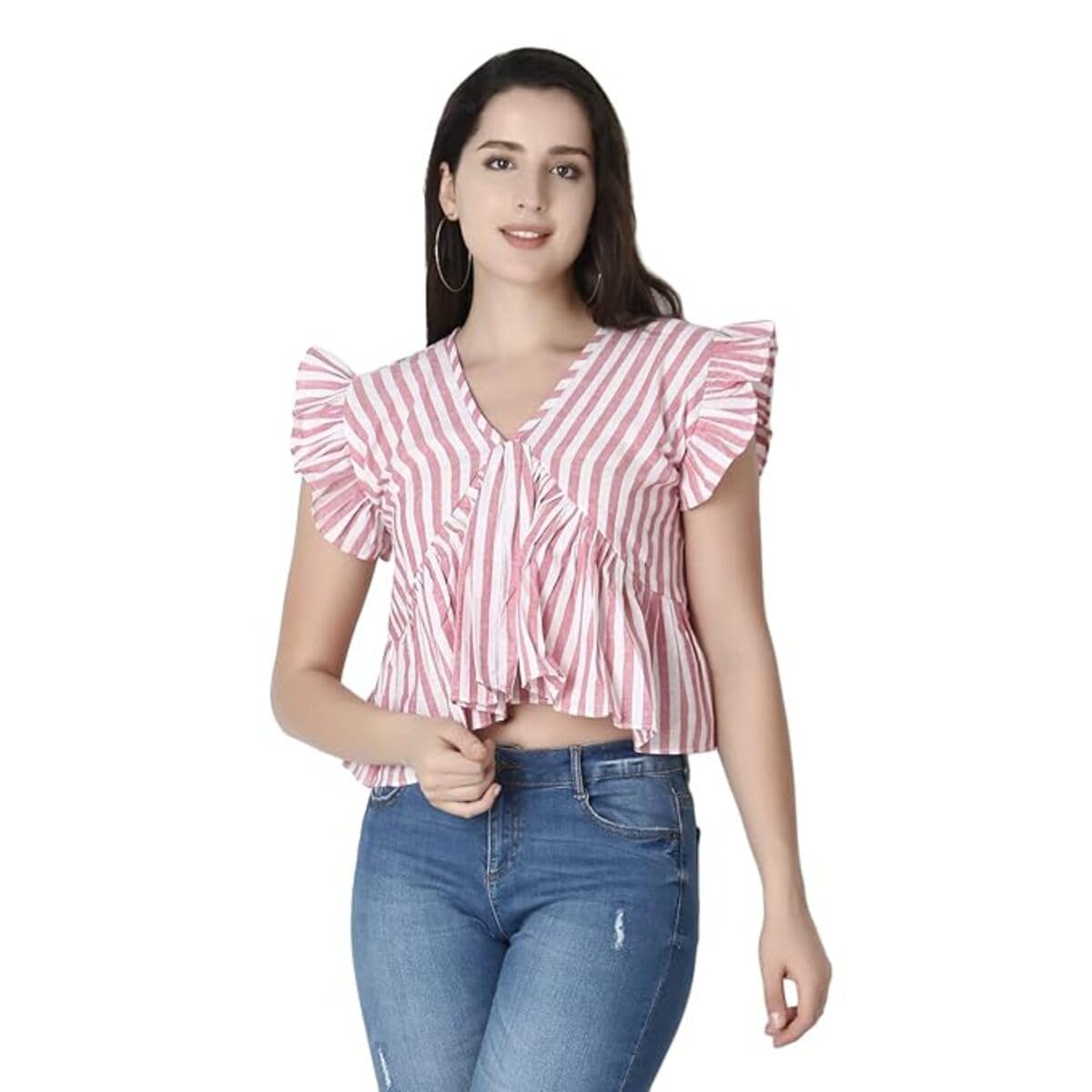 leriya fashion Women's Western Regular Fit Crop Tops | Fancy Stripped with Ruffle Sleeves | Button Down Lightweight Cotton for Girls | Suitable for College Office Casual Wear for Ladies-picture-26