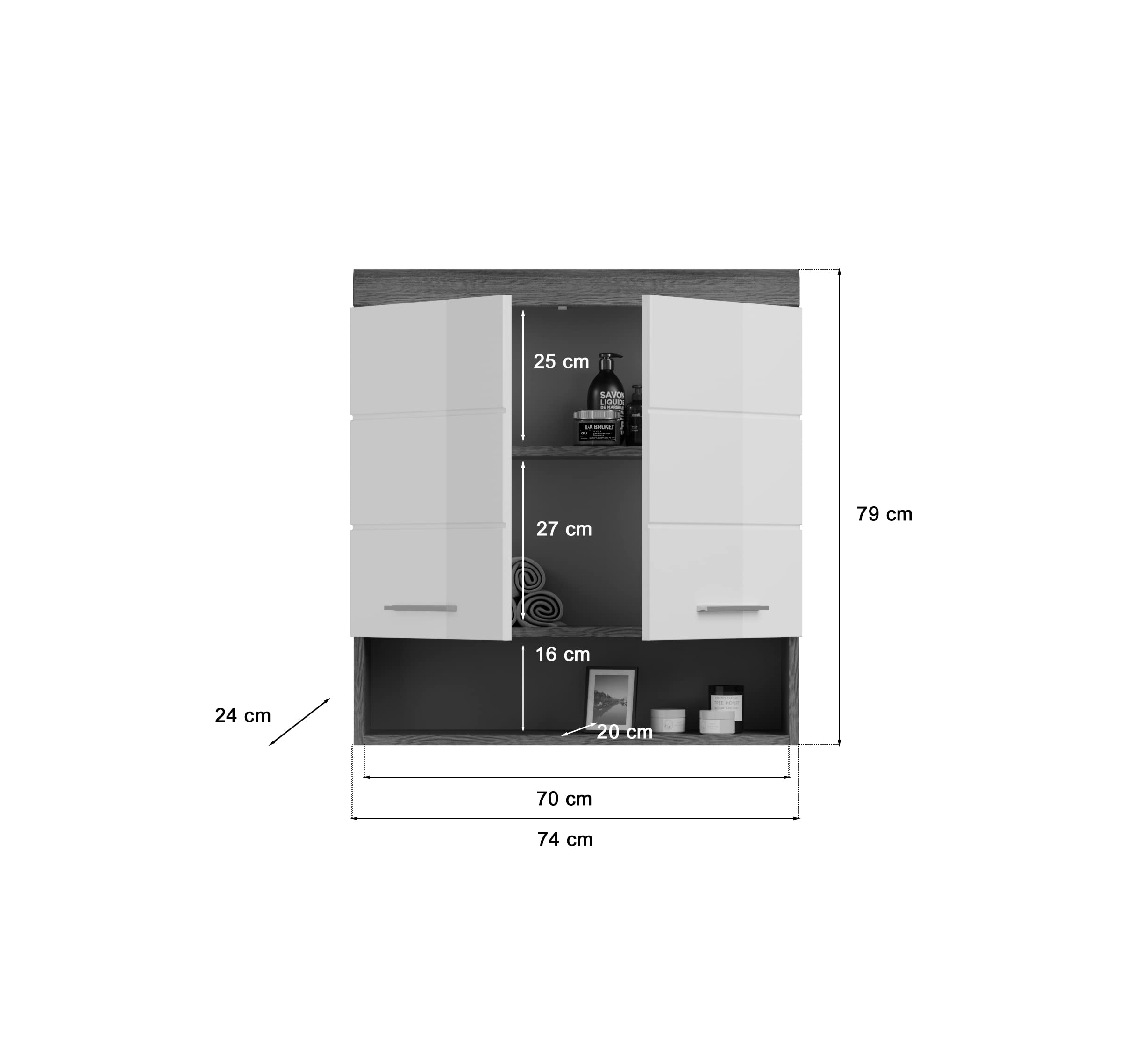 xonox.home - Hängeschrank Scout 74x79x24 cm in rauchsilber und weiß Hochglanz - Hängeschrank Wandschrank Schrank Badmöbel - stabile Konstruktion hochwertig verarbeitet robust und langlebig – Bild 3