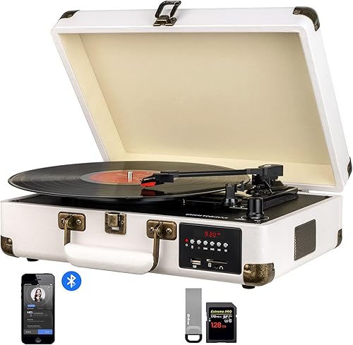 Tocadiscos de vinilo inalámbrico Bluetooth de 3 velocidades portátil vintage maleta con altavoces integrados, incluye lápiz óptico extrasalida