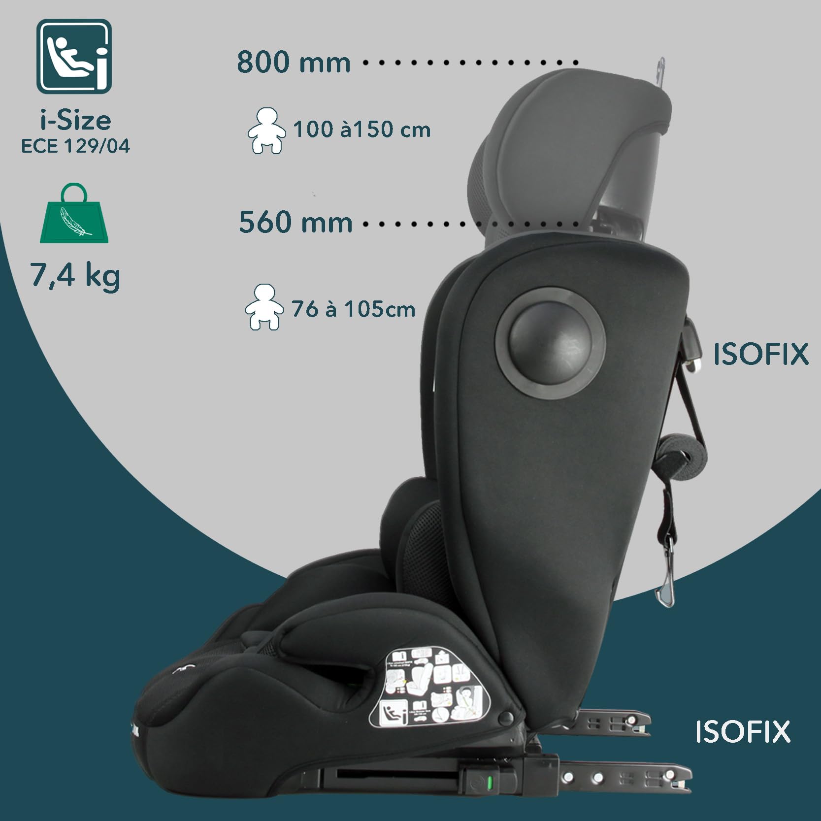 Siège auto ISOFIX évolutif réhausseur i-Size ECE R129/04 - face à la route de 76 cm à 150 cm - à partir de 15 mois jusqu'à 12 ans - max 36 kg