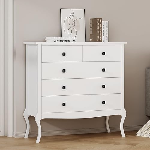 Miniatura 7 de SogesPower Cómoda blanca con 5 cajones con cajones anchos y patas curvas, cómoda de madera para sala de estar, dormitorio, entrada, pasillo 5