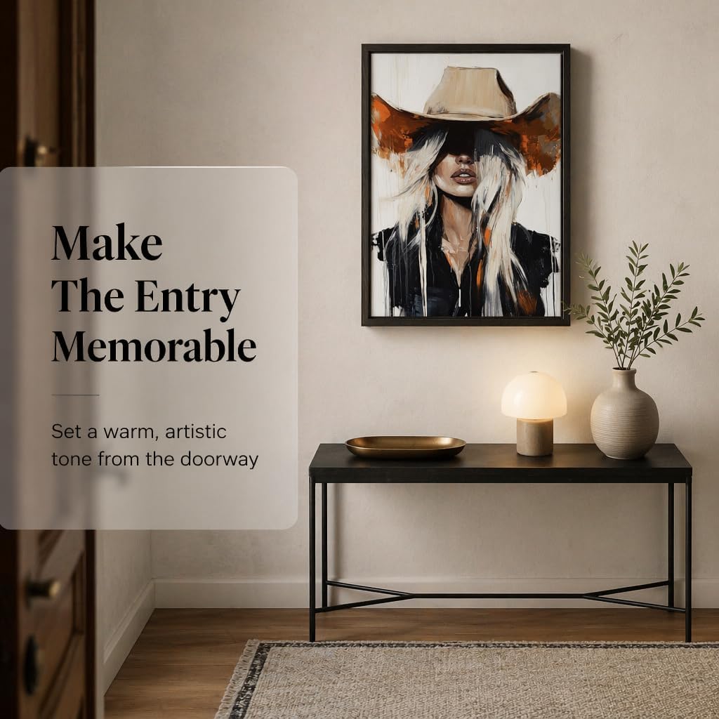 Abstract Western Cowgirl Canvas Wall Art Blonde Woman in Cowboy Hat Picture Wall Decor Modern Southwest Farmhouse Rustic Country Girl Posters Painting Prints Artwork for Girls Room Bedroom Dorm Decor