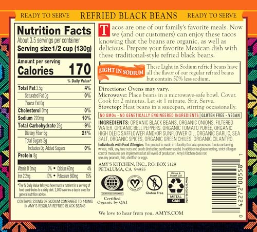 Image of Amy's Organic Refried Beans Canned, Light in Sodium Refried Black Beans, Vegan Gluten Free and Vegetarian, 15.4 Oz
