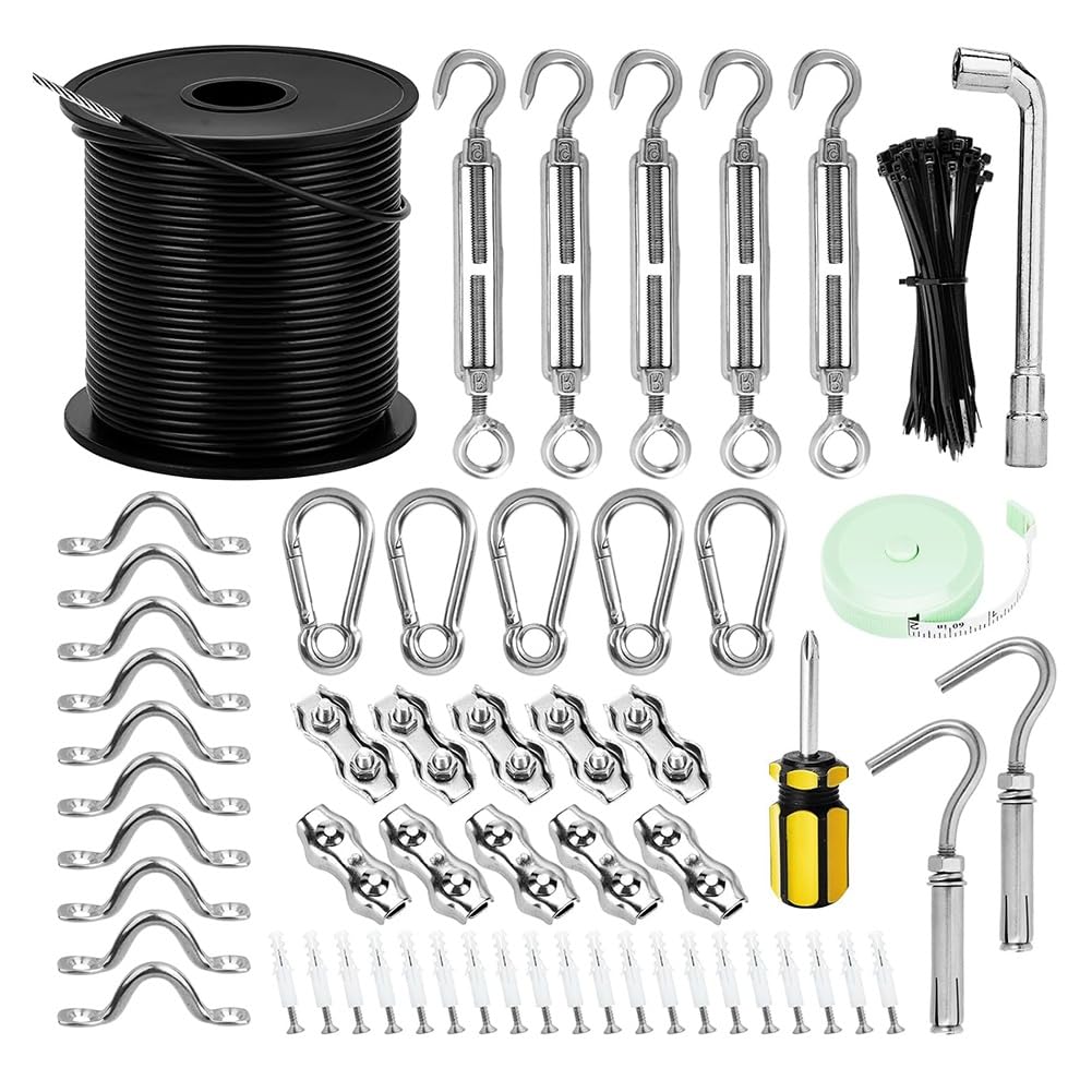 Set zum Aufhängen Von Lichterketten, Lichterkabel für Den Außenbereich, Set zum Aufhängen Von Lichterketten mit Kugeln, 200 Fuß Beschichtetes Kabel Aus Rostfreiem Stahl 304