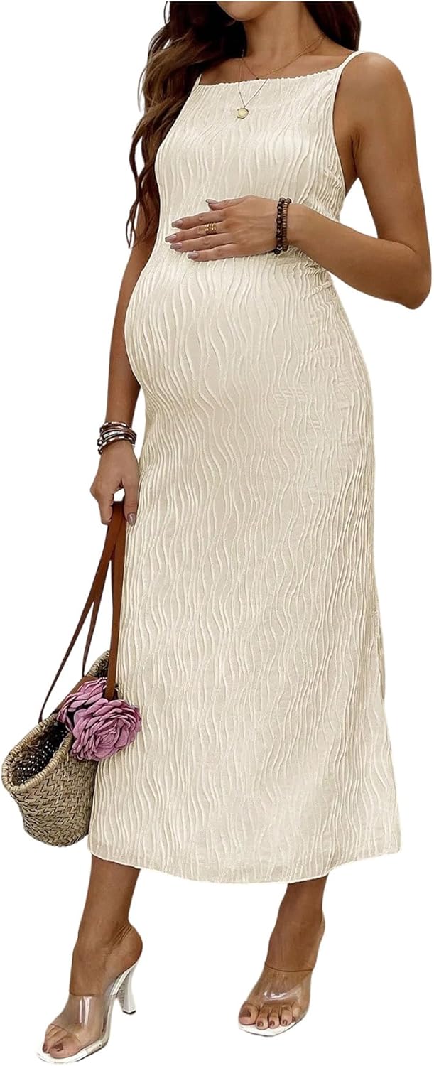 OYOANGLE Women's Maternity Dress Textured Spaghetti Strap Double Lined Bodycon Long Dresses