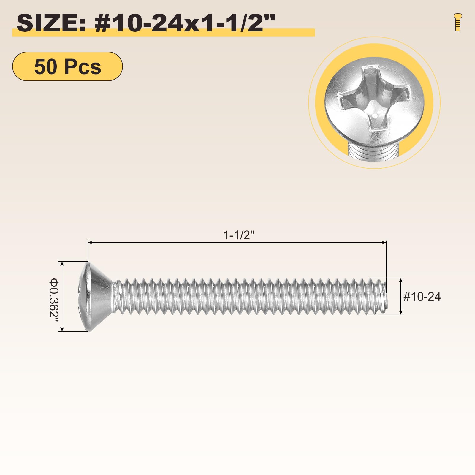 METALLIXITY Phillips Cross Recessed Countersunk Head Screws Bolts (#10-24x1-1/2") 50Pcs - Image 2