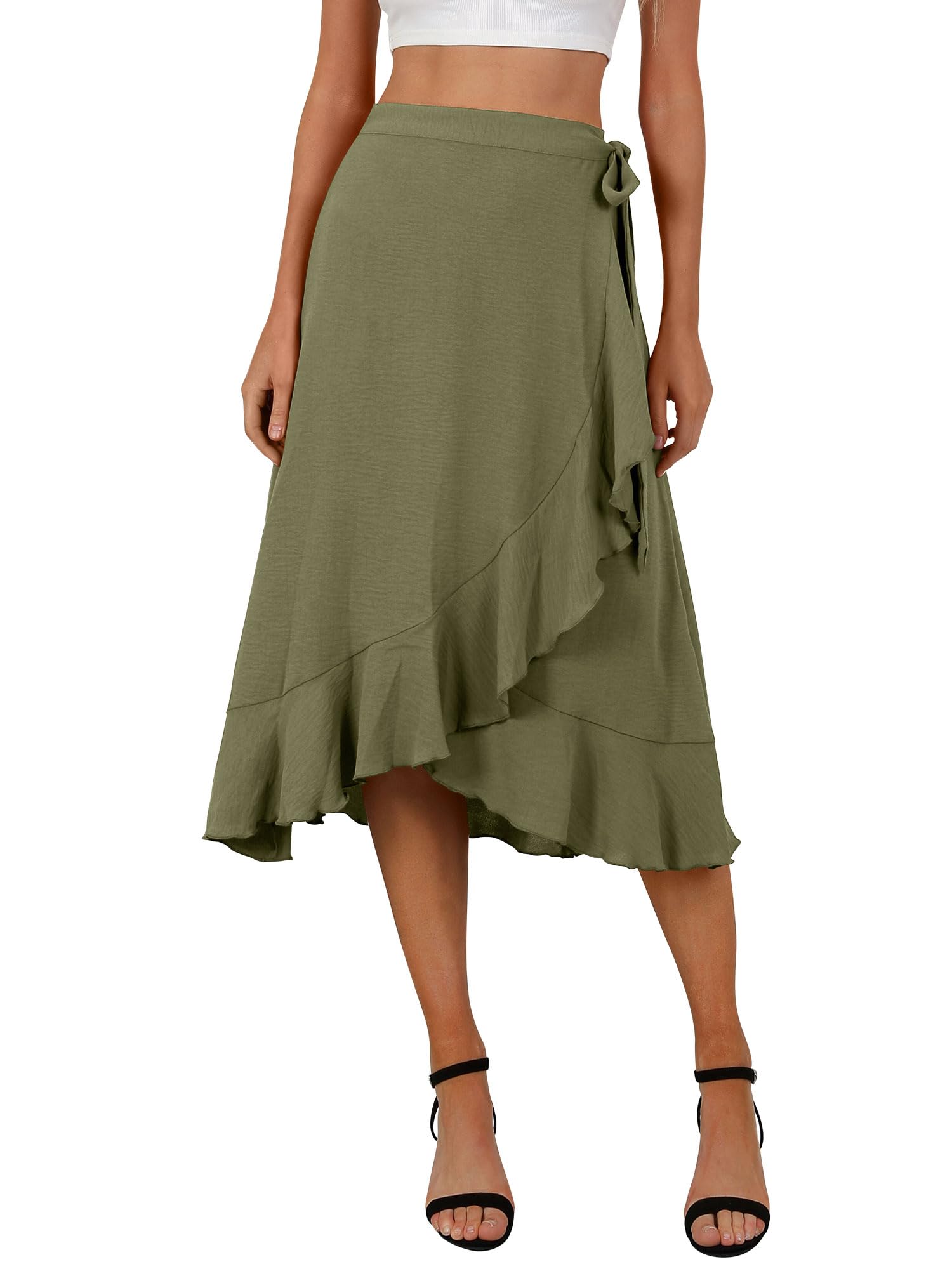 FEMLE Women's Elegant Ruffle Wrap Asymmetrical Tie High Waist Long Skirt A-line Casual Loose Draped Flowy Skirts