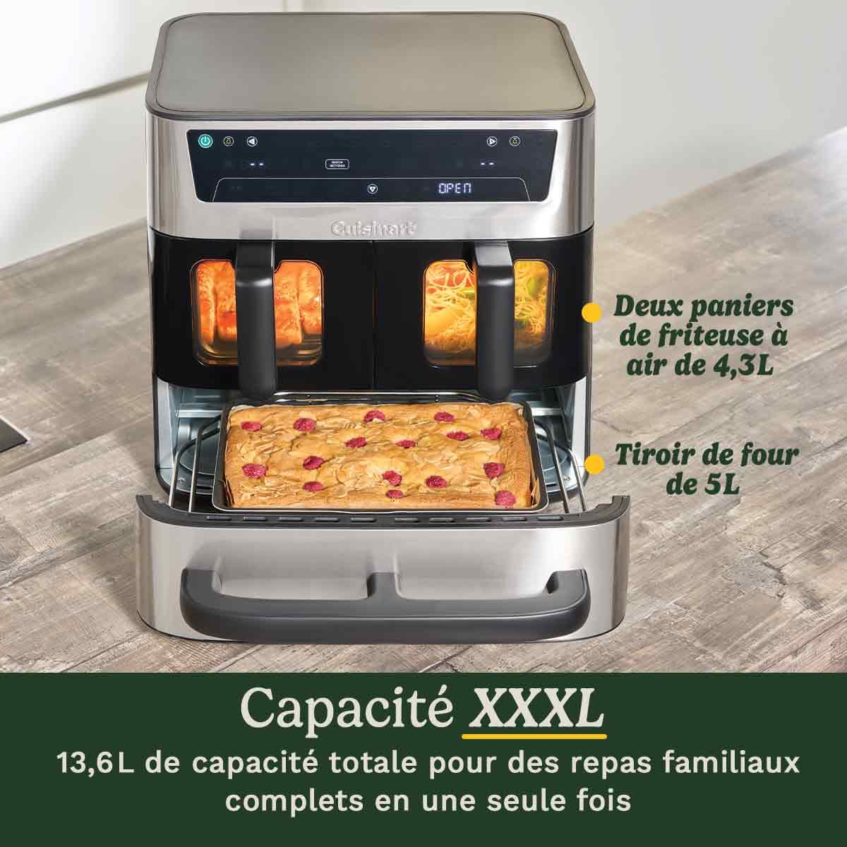 Cuisinart Tri Zone Air fryer et Four 13,6 L sans PFAS, 3 zones, 2 paniers 4,3L + four 5L, 9 fonctions : airfryer, rôtir, griller, cuire, réchauffer, déshydrater, pizza, toast, manuel, Acier inoxydable