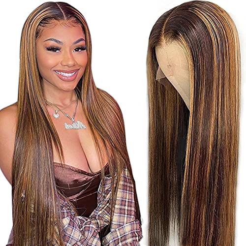 Hermosa 13x4 HD Transparent Highlight Lace Front Wigs Human Hair Pre Plucked 150% 9A Highlight 4/30 Human Hair Wigs for Women with Baby Hair Middle Part 26 inch