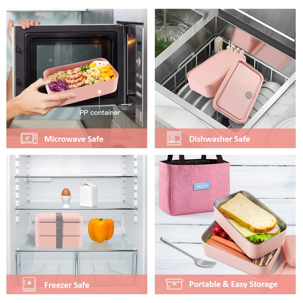 HOLIPOT Bento Box, lunchbox, broodtrommel met vakken, 2 niveaus, met 2