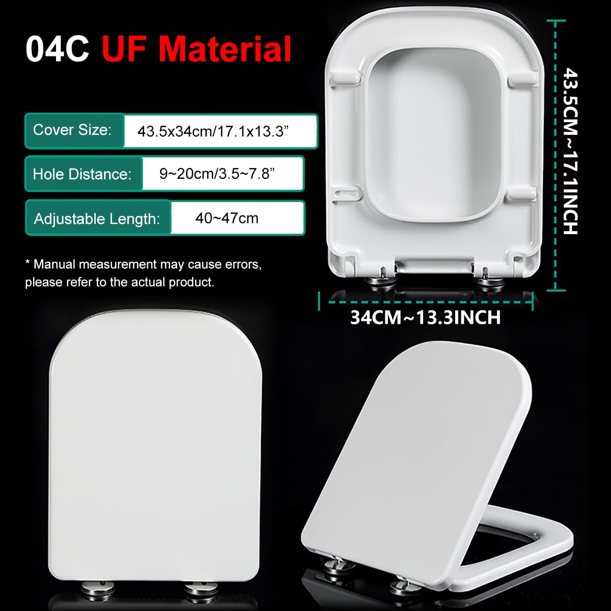 Asiento de inodoro cuadrado de cierre suave, color blanco, tapa de inodoro de baño 04E con fijación superior ajustable, bisagras de acero inoxidable, fácil montaje y limpieza (04C)
