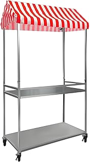 Rolling Vending Cart with Striped Canopy, Folding Market Stall Frame, 2-Tier Iron Frame Street Food Cart, Mobile Street Food Vendor Carts, with Lockable Wheels for Market Foods, Events (Red)