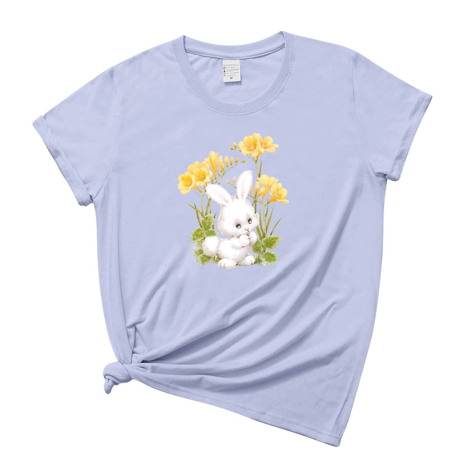 Womens Classic-Fit Round Neck Tops 2023 Summer Easter Printed T Shirt Temperament Breathable Short Sleeve Blouses