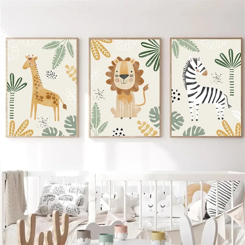 3 Affiche Animaux de la Foret Chambre Bebe Vert 30X40cm Poster Jungle Enfant Animaux Safari Girafe Lion Éléphant Tableau Savane Bebe 30X40cm Toile Decoration Murale Enfant Garçon Cadeau sans Cadre