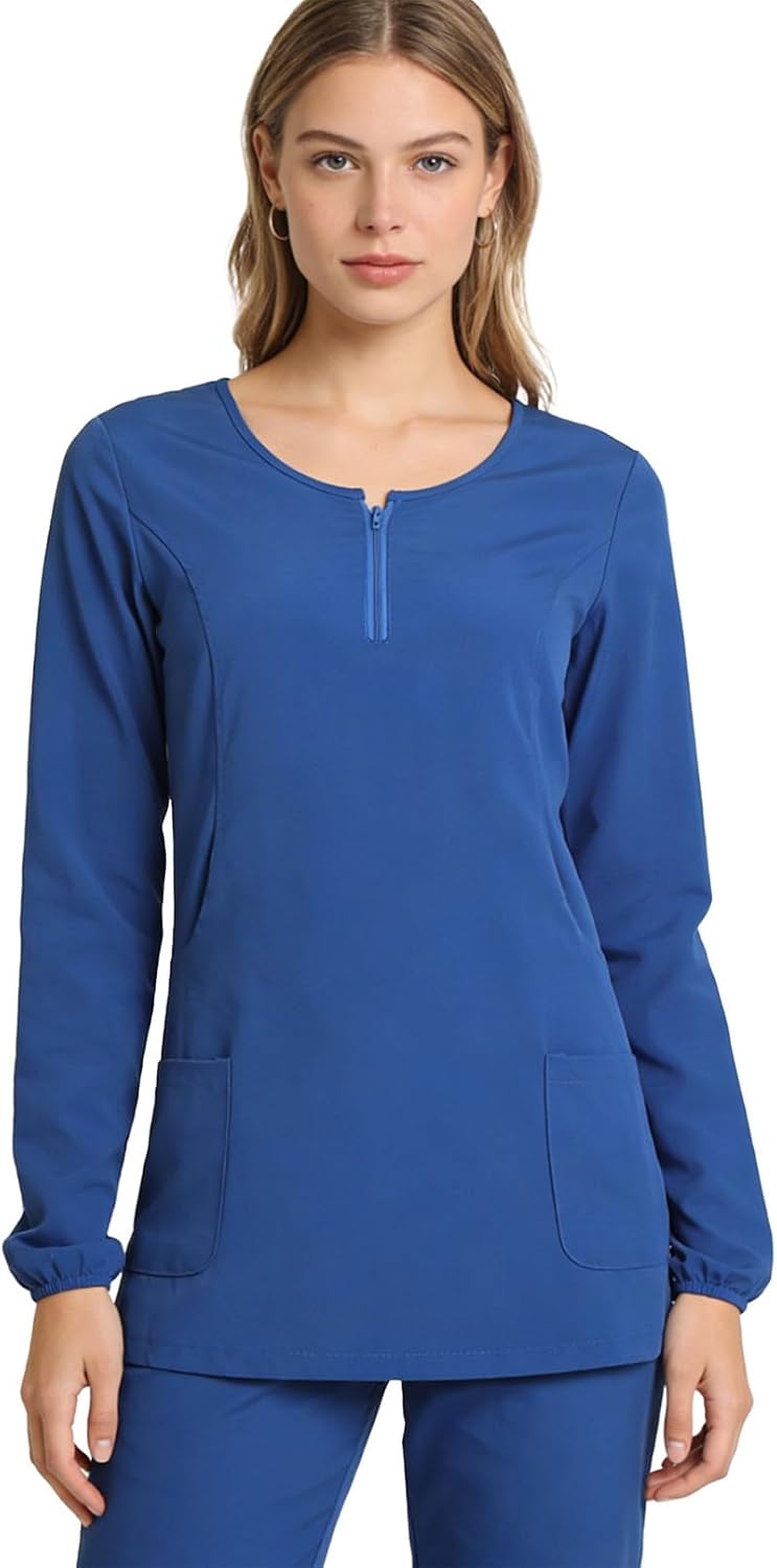 YiZYiF Women Botton Up Zip Front Scrub Jackets Long Jacket with Pockets Tunic Blouse Nurse Grown Underscrubs
