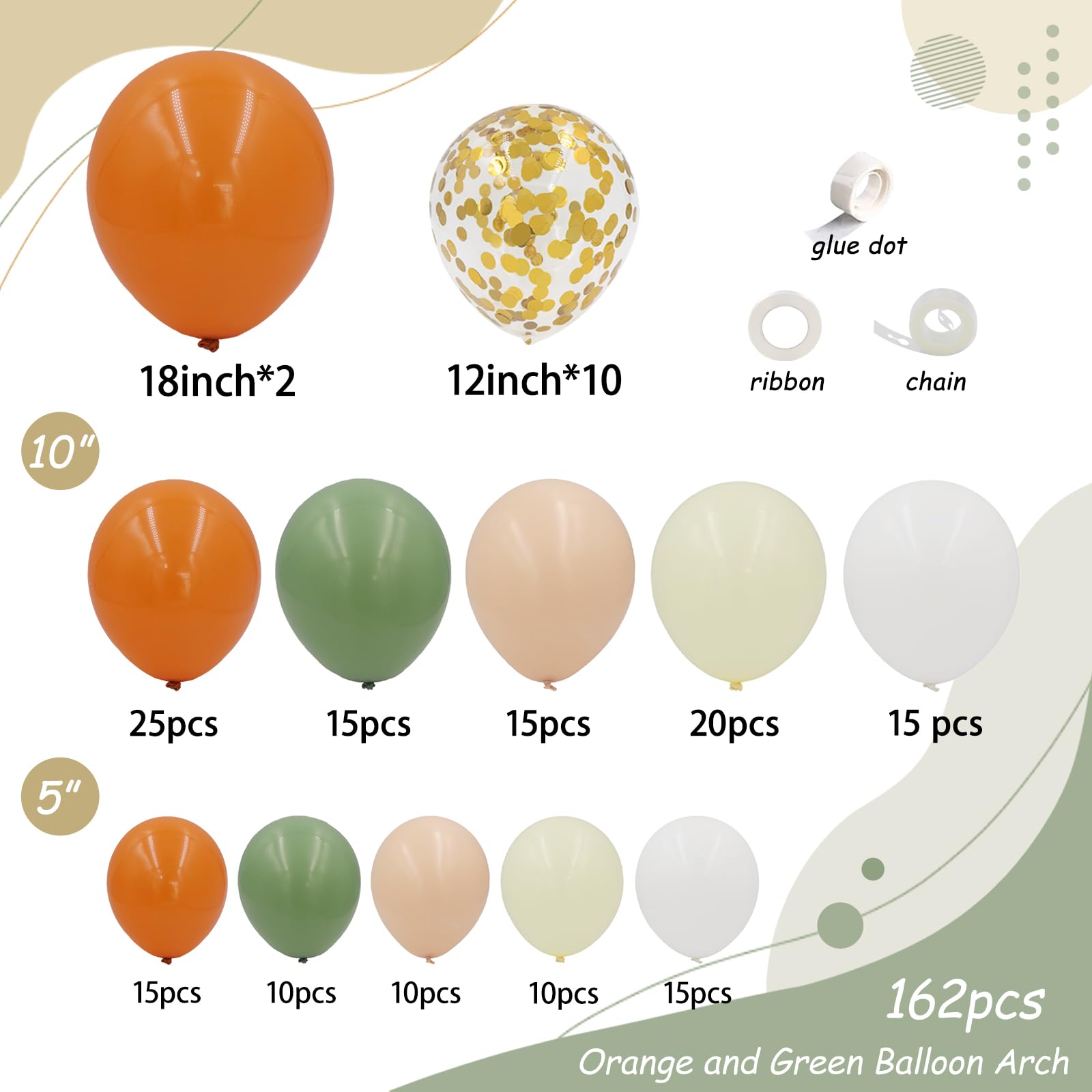 162 szt. zestaw łuków małych słodkich pomarańczowych i zielonych balonów, pomarańczowa, szałwia, zielona, cielista, białe i balony z konfetti, na baby shower, lato, motyw owoców, dekoracje na