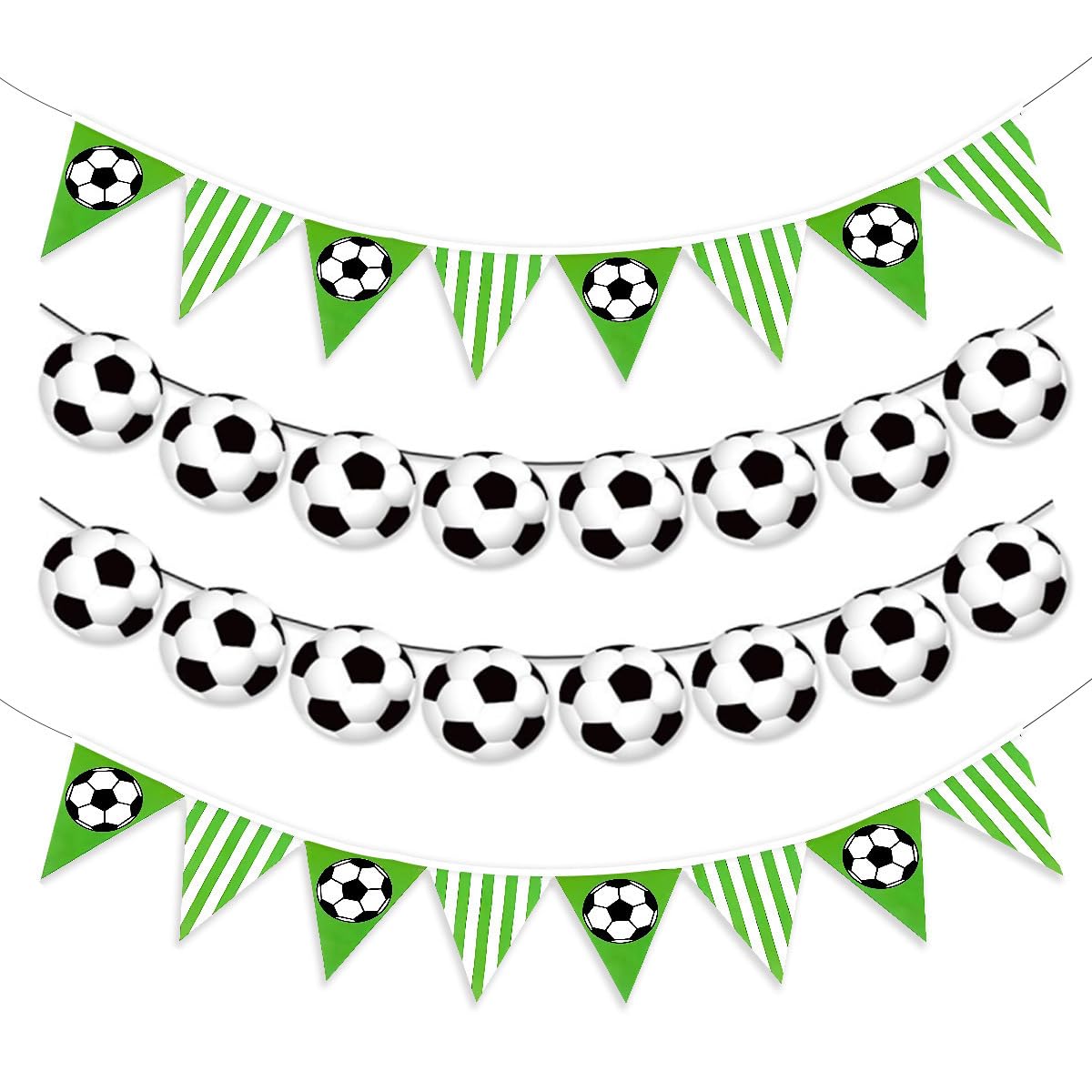 Soccer Party Decor Set: 4-Piece Football Themed Bunting & Banner Kit for Birthday, Sports Day, and Football-Themed Events – Includes 2 Triangular Pennant Flags + 2 Streamer Banners