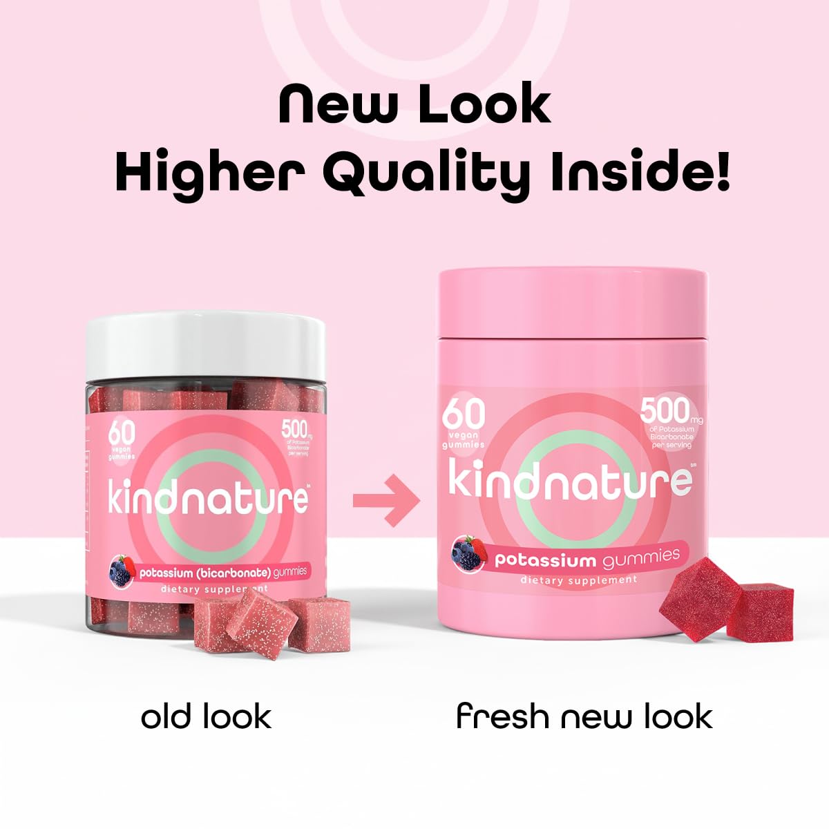 KINDNATURE High Potassium Supplement Gummies 500mg - Chewable for Adults & Kids - Pure Potassium Bicarbonate Mineral Supplement - Vegan, Gluten Free, Non GMO - 60 Gummies (30 Day Supply)